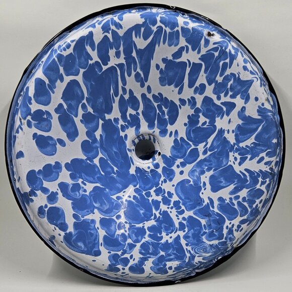 Blue & White Swirl Enamelware Agateware Graniteware Lid with Round Knob - Picture 9 of 13
